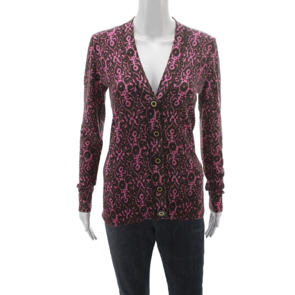 Tory Burch Women Brown Merino Wool V-Neck Animal Print Cardigan Size S
